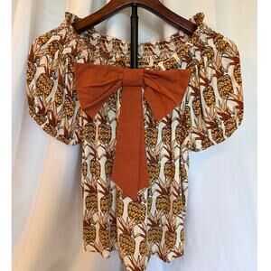 Anthropologie Porridge Off Shoulder Pineapple Print Top With Bow Accent Small
